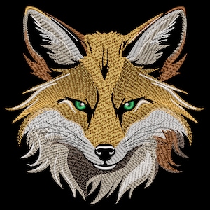 May include: Embroidered fox head with a brown, gold, and white fur pattern. The fox has green eyes and a black nose.