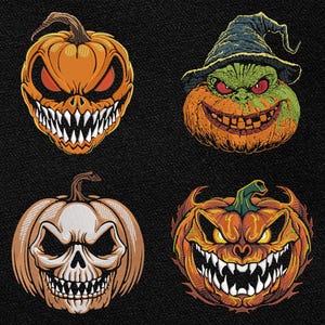 May include: Four Halloween-themed illustrations on a black background. The images include a jack-o'-lantern with a menacing grin, a pumpkin-faced character wearing a witch hat, and a pumpkin skull.