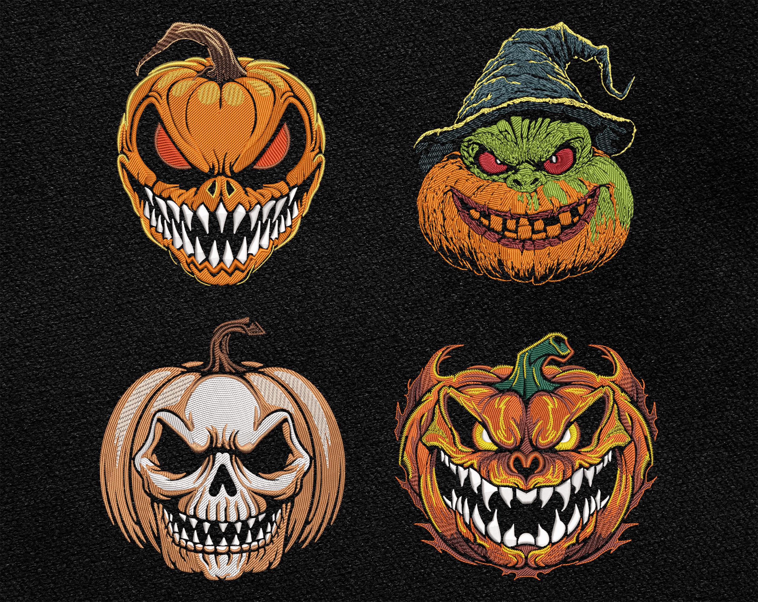 ハロウィンのカボチャの頭の刺繍デザインバンドル、怖いジャックオー