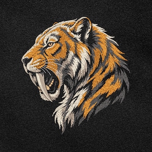 Saber-Tooth Tiger Embroidery Design, Dark-Fabric Roaring Smilodon Machine File, Prehistoric Predator Art