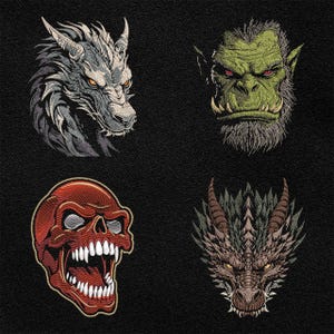 Broderidesigner för fantasy Halloween - mystisk drake, krigareork, vampyrskalle - för mörkt tyg - DIY-hantverksgåva PES DST-filer