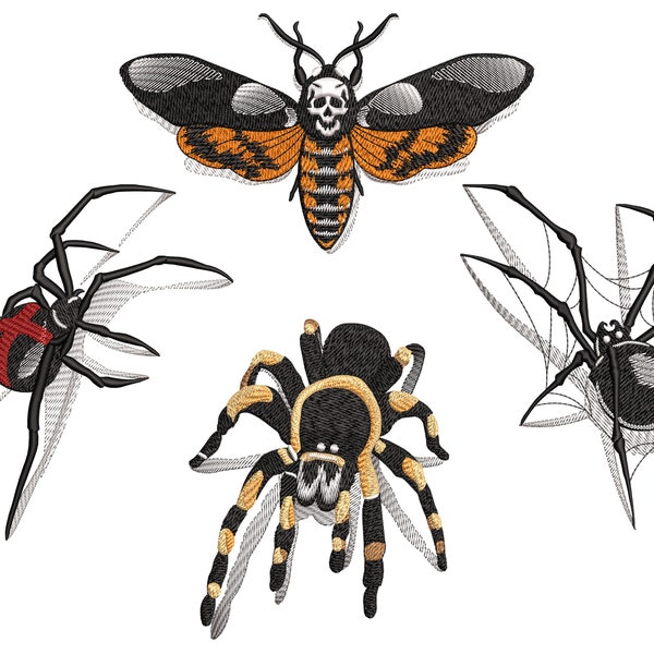 3D Halloween Insekten Stickdateien BUNDLE, Gefahr Spinnen und Todeskopf Motte, Maschinenstickerei PES Dateien