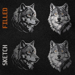 May include: Two different styles of wolf head embroidery designs. The top row shows a filled design, while the bottom row shows a sketched design.