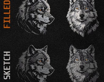 Wild Wolf Machine Embroidery Designs Bundle, Light Stitch & Filled Patterns optimized for Dark Textile, Digital PES Files for DIY Crafters