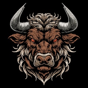 Brutal Bull Head Embroidery Design - Realistic Horned Beast for Dark Fabric, Fill Stitch Farm Animal Face, Rodeo Inspired Pattern PES Files
