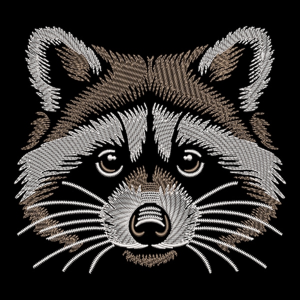 Quick Stitch Raccoon Head Embroidery Design - Cute Night Forest Creature for Dark Textiles - Ideal for Children's Garments and Nursery