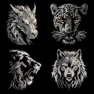Paquete de diseños de bordado de bestias enigmáticas: dragón de cuento de hadas, lobo salvaje, cabeza de jaguar, león enojado, animales místicos feroces para telas oscuras