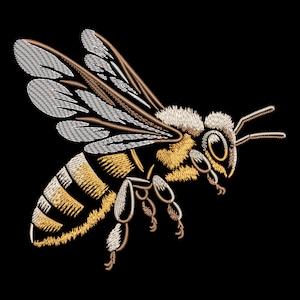 Realistic Honeybee Embroidery Design - Lifelike Bee Art on Black Fabric - Perfect Insect PES for Eco-Themed Projects and Nature Lovers