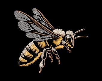 May include: A detailed embroidered image of a bee with brown and yellow stripes, white fuzzy thorax, and translucent wings.