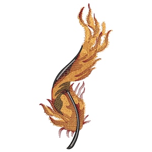 Puede incluir: Una pluma bordada estilizada con un tallo negro y detalles naranja, rojo y amarillo.