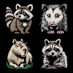 かわいい動物の刺繍デザイン バンドル - 愛らしいアライグマ、オポッサム、ダーク ファブリック用のカピバラ、フィル ステッチ PES ファイル、エコ ネイチャー ナーサリー