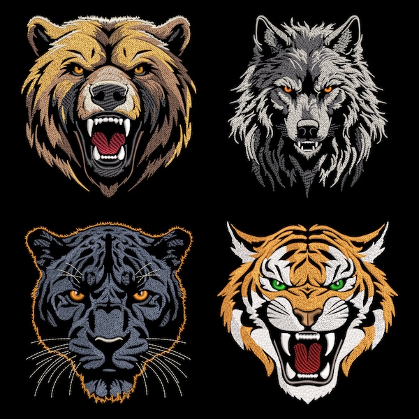 Wild Animal Embroidery Designs Bundle - Fierce Bear, Tiger Head, Mystic Wolf, Black Panther, Fill Stitch Machine PES Files for Nature Lovers