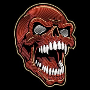 May include: A red embroidered skull with a wide open mouth and sharp teeth. The skull is outlined in gold thread.