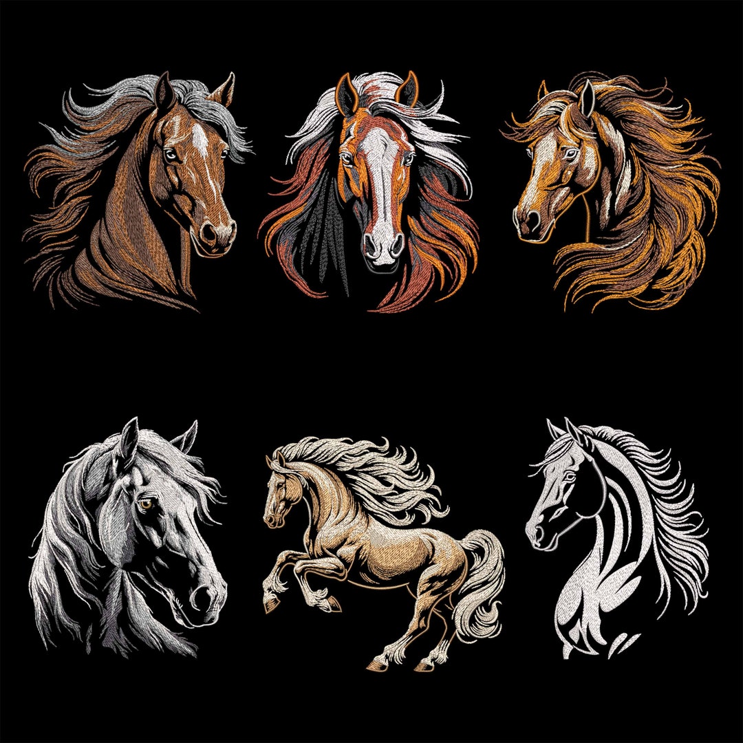 リアルな馬の刺繍デザインコレクション - ダークな生地にステッチで
