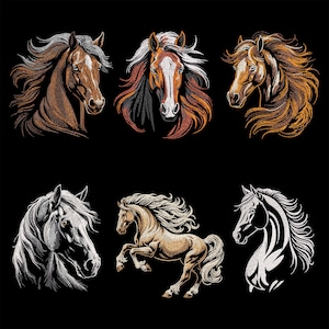 Puede incluir: Seis ilustraciones diferentes de caballos en varias poses. Los caballos están dibujados en un estilo detallado y realista con un enfoque en sus crines y colas. Todos los caballos están mirando hacia adelante, con la excepción de un caballo que está corriendo.