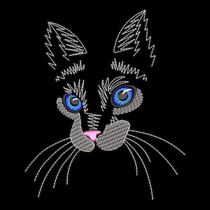 Black Cat Sketch Stitch Embroidery Design, Halloween Witch&#39;s Cat Face Blue Eyes, Machine embroidery files in 3 sizes