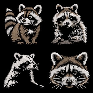 Charming Raccoon Quartet Embroidery Designs Bundle - Cute Night Forest Animal for Dark Fabric - Ideal for Children's Garments and Nursery