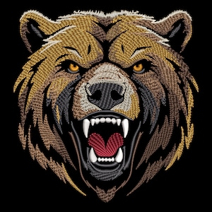 Diseño de bordado de cabeza de oso feroz de puntada rápida - Boceto de animal del bosque enojado para tela oscura, símbolo de poder salvaje, archivos PES de máquina digital