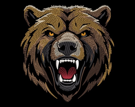 Quick Stitch Fierce Bear Head Embroidery Design - Sketch Angry Forest Animal for Dark Fabric, Wild Power Symbol, Digital Machine PES Files