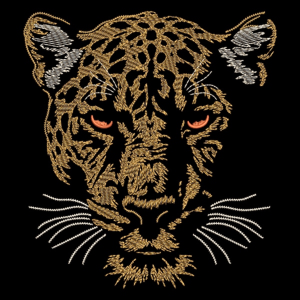 Light Stitch Jaguar Embroidery Design - Realistic Wild Feline for Dark Fabric, Sketch Golden Predator Animal Face, Nature Machine Pattern