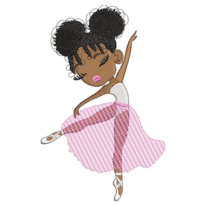 May include: A cartoon illustration of a young girl with brown skin and curly black hair wearing a pink and white tutu and ballet shoes. She is in a ballet pose with her arms raised.