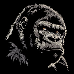 May include: A black and white illustration of a gorilla's face with a serious expression. The gorilla has large, dark eyes and a prominent brow ridge.