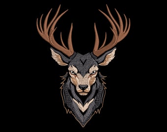 Deer Face Embroidery Design - Big Antlered Buck Head - Dark Fabric Fill Stitch - Forest Animal Machine PES Files