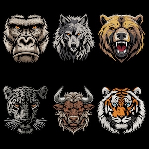Savage Wilds Embroidery Designs SET, Realistic Tiger, Mystic Jaguar, Wolf, Gorilla, Brutal Bull, Fierce Bear Head, Optimized for Dark Fabric