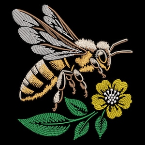 Diseño de bordado de abejas y flores, abeja floral realista, puntada ligera detallada en tela negra, archivos PES ecológicos para amantes de la naturaleza