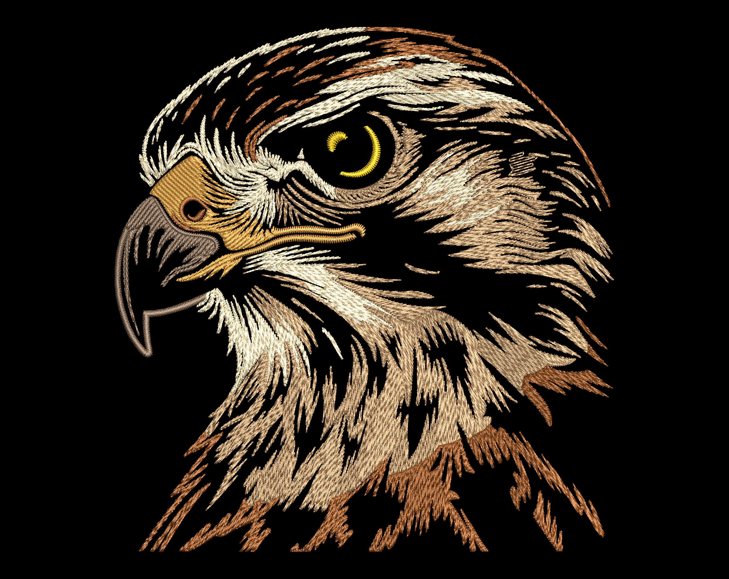 Realistic Hawk Head Embroidery Design – Fill Stitch Noble Bird for Dark Fabrics, Nature & Sports Lovers Gift Emblem, Lifelike Craft Pattern