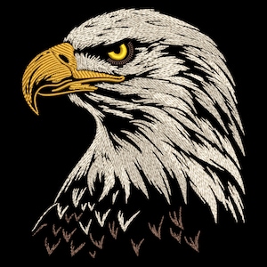 May include: Embroidered image of a bald eagle's head and neck, with a white and brown feathered design against a black background. The eagle's eye is yellow.