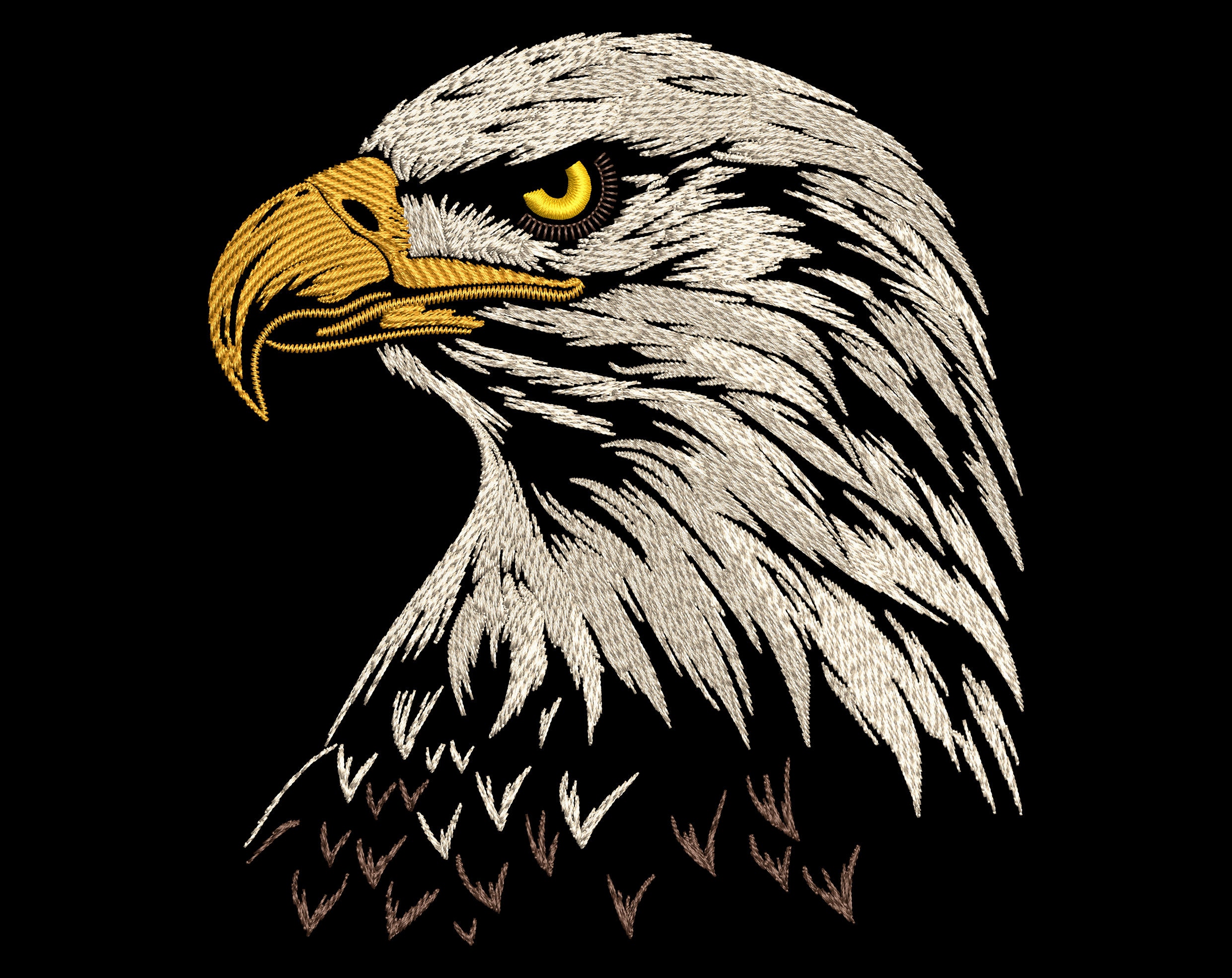 リアルな鷲の頭の刺繍デザイン - 雄大なアメリカの鳥、暗い色の生地の