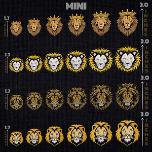 May include: Four rows of lion head embroidery designs in various sizes, ranging from 1.7 to 3.0 inches. The designs feature a lion's head with a crown, in shades of gold and yellow.
