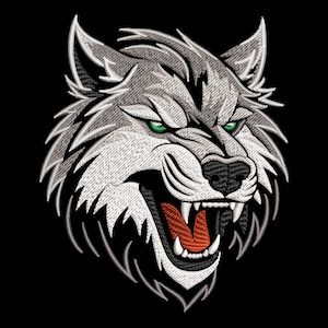 May include: A close-up of a snarling wolf's face, embroidered in white and grey thread on a black background. The wolf has green eyes and an open mouth with sharp teeth.