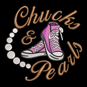 May include: A logo for a business called "Chucks & Pearls" featuring a pair of pink high-top sneakers with white laces and a white pearl necklace.