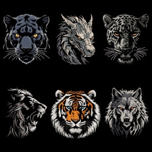 Mystical & Fierce Animals Embroidery Designs Bundle - Dragon, Wild Wolf, Jaguar Head, Angry Lion, Panther, Realistic Tiger for Dark Fabrics