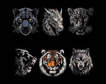 Mystical & Fierce Animals Embroidery Designs Bundle - Dragon, Wild Wolf, Jaguar Head, Angry Lion, Panther, Realistic Tiger for Dark Fabrics