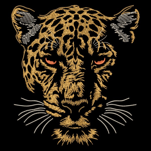 Golden Jaguar Face Embroidery Design - Realistic Wild Feline for Dark Fabric, Fill Stitch Predator Animal Head, Nature Machine Pattern Files