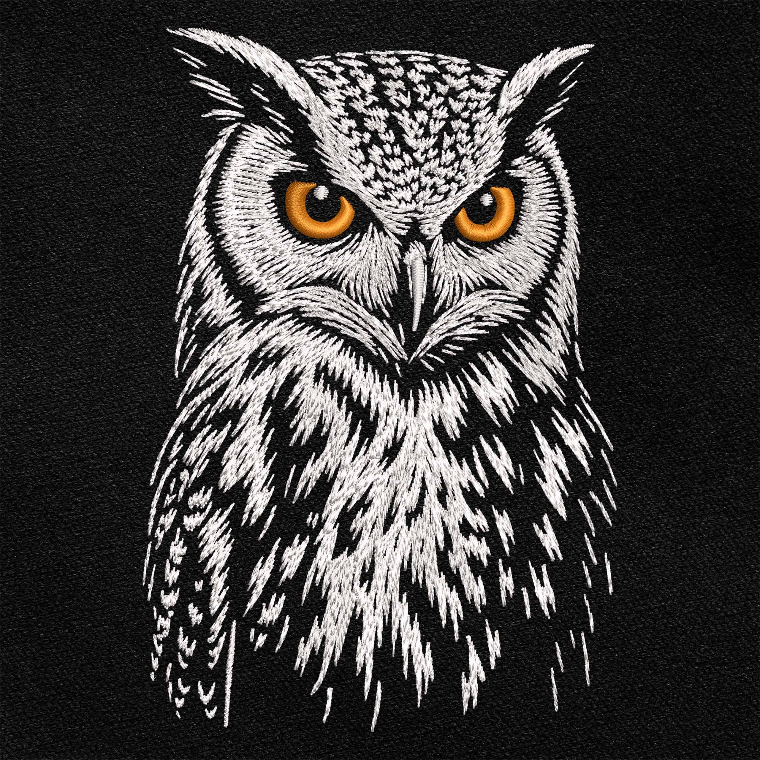 White Owl Embroidery Design, Digital File for Machine Embroidery on Black Textile, Realistic Woodlan