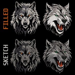 Könnte beinhalten: Zwei verschiedene Stile von Wolfskopf-Stickereien. Die obere Reihe zeigt ein gefülltes Design, während die untere Reihe ein skizziertes Design zeigt. Beide Designs zeigen einen Wolf mit einem knurrenden Ausdruck und grünen Augen.