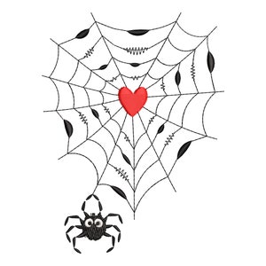 May include: A black spider with googly eyes hangs from a black web with a red heart in the center.