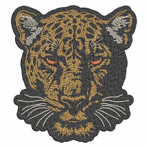 Golden Jaguar Face Embroidery Design - Realistic Light Stitch Wild Feline on Black Fill Stitch Underlay, Fierce Animal Head, Machine Files