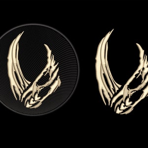 May include: Two beige-coloured, stylised skull designs on a black background. One is a patch with a black circular border and a textured background. The other is a standalone design. The designs have a detailed, three-dimensional appearance.