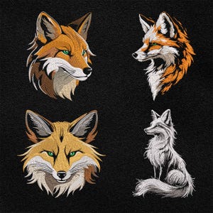 Puede incluir: Cuatro diseños de zorros bordados sobre un fondo de tela negro. Los zorros están en diferentes poses, incluyendo una vista frontal, una vista lateral y una pose sentada. Los zorros son todos marrones y blancos con ojos verdes.