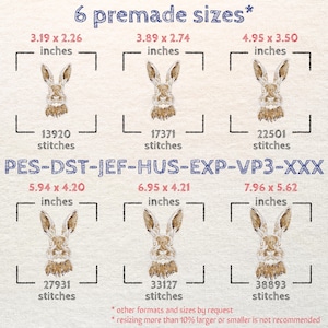 Peut inclure: Six tailles diff&eacute;rentes de motifs de broderie pour un lapin mignon au pelage brun. Les motifs sont disponibles en pouces et en points. Les formats de broderie sont PES, DST, JEF, HUS, EXP, VP3 et XXX. D'autres formats et tailles sont disponibles sur demande. Il est d&eacute;conseill&eacute; de redimensionner de plus de 10 % en plus grand ou en plus petit.