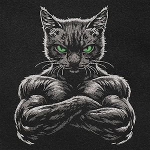 May include: An embroidered patch on a black fabric background featuring a muscular cat with crossed arms. The cat is rendered in white and grey thread with piercing, vibrant green eyes, showcasing detailed fur texture and a defined physique.
