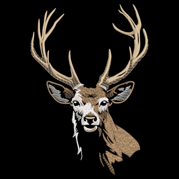 Superbe motif de broderie de cerf - Tête de cheval détaillée avec bois - Point de remplissage élégant sur tissu foncé - Cadeau pour les amoureux de la faune