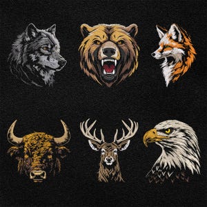 Puede incluir: Una colección de seis ilustraciones de animales, incluyendo un lobo, un oso, un zorro, un toro, un ciervo y un águila. Los animales están representados en un estilo realista con detalles precisos y un fondo oscuro.