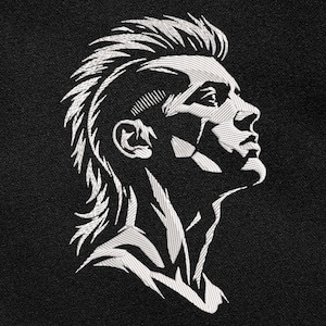 Borduurontwerp met rebels gezicht, punkrockportret in tattoostijl voor hoodie en spijkerjack, voor donkere stof