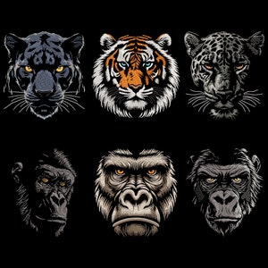 Realistic Jungle Royalty Embroidery Designs Bundle - Noble Tiger, Mystic Jaguar, Sleek Panther, Monkey King Gorilla Face for Dark Fabrics